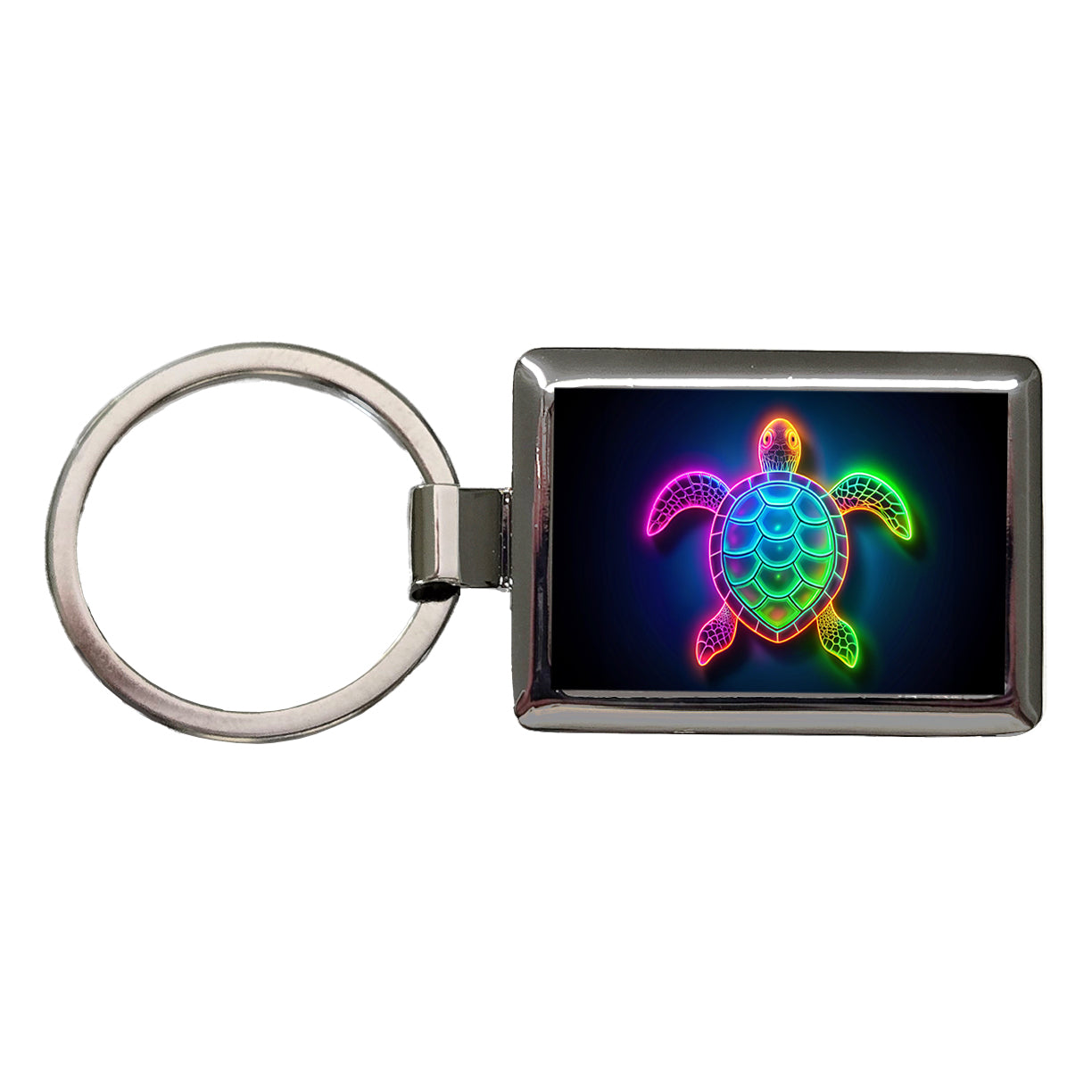 Neon Turtle Rectangle Metal Keychain