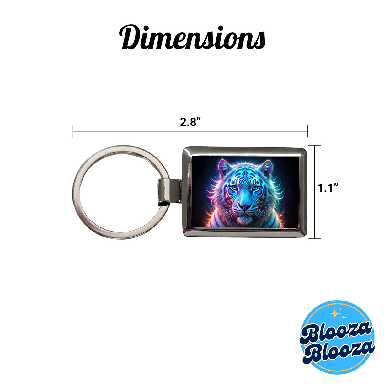 Neon White Tiger Face Rectangle Metal Keychain