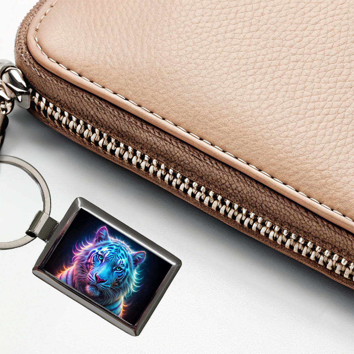 Neon White Tiger Face Rectangle Metal Keychain