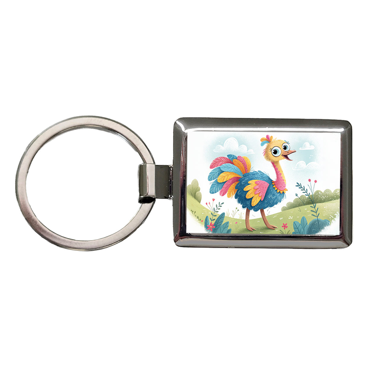 Ostrich Children's Illustration Style Rectangle Metal Keychain