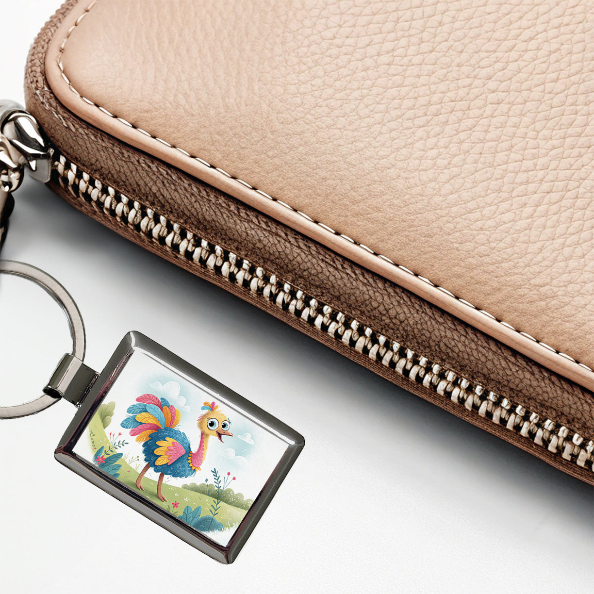 Ostrich Children's Illustration Style Rectangle Metal Keychain