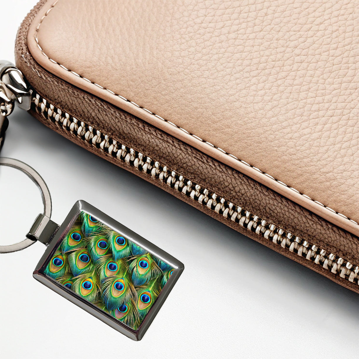 Peacock Feathers Pattern Rectangle Metal Keychain