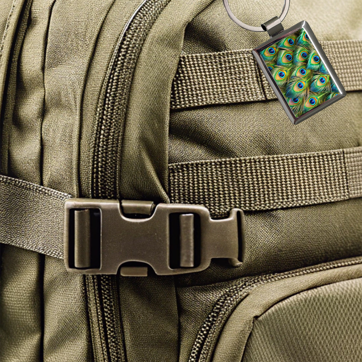 Peacock Feathers Pattern Rectangle Metal Keychain