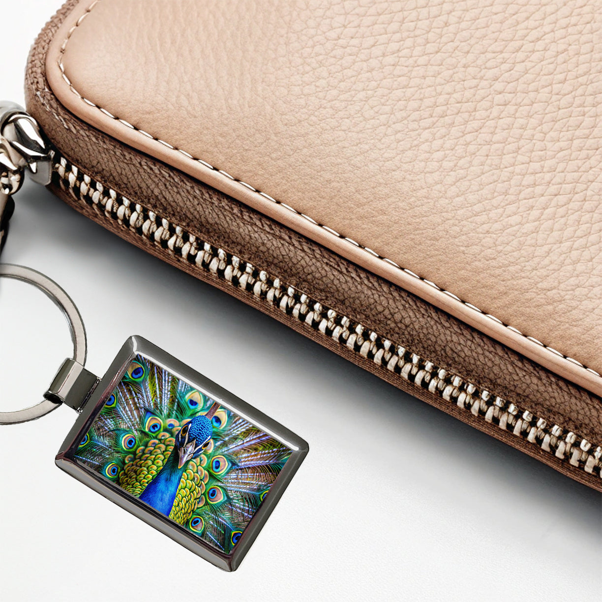 Peacock Rectangle Metal Keychain