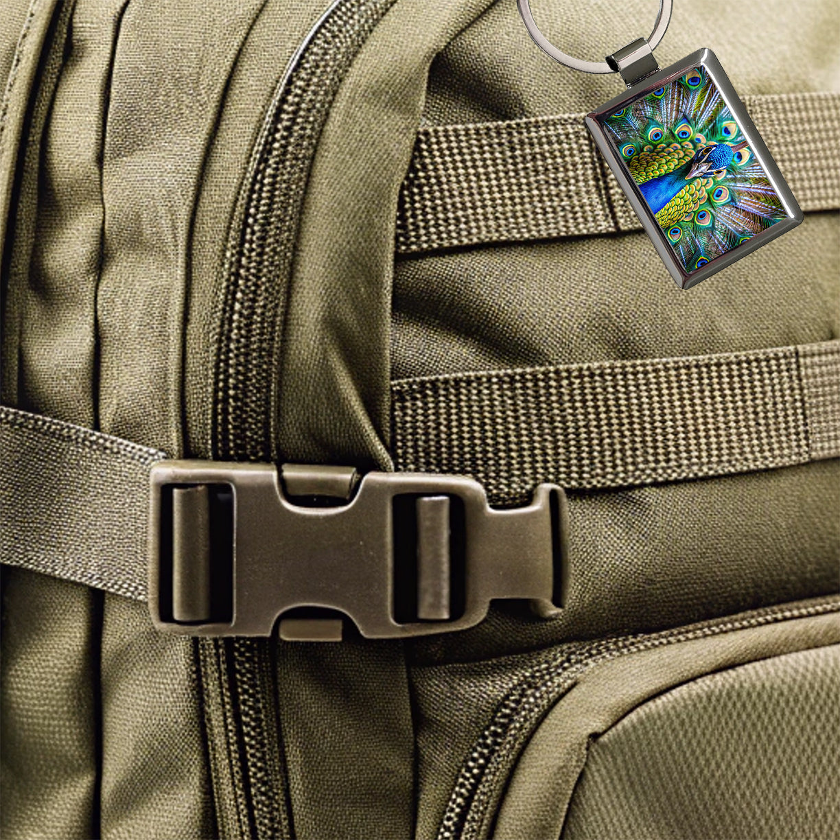 Peacock Rectangle Metal Keychain