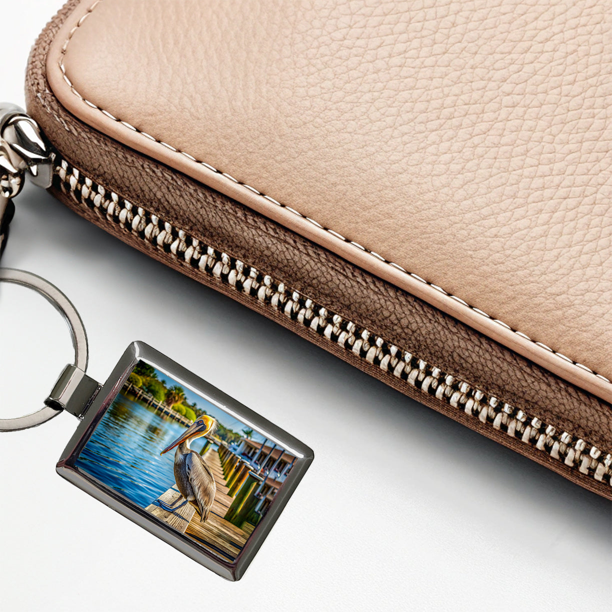 Pelican On Dock Rectangle Metal Keychain