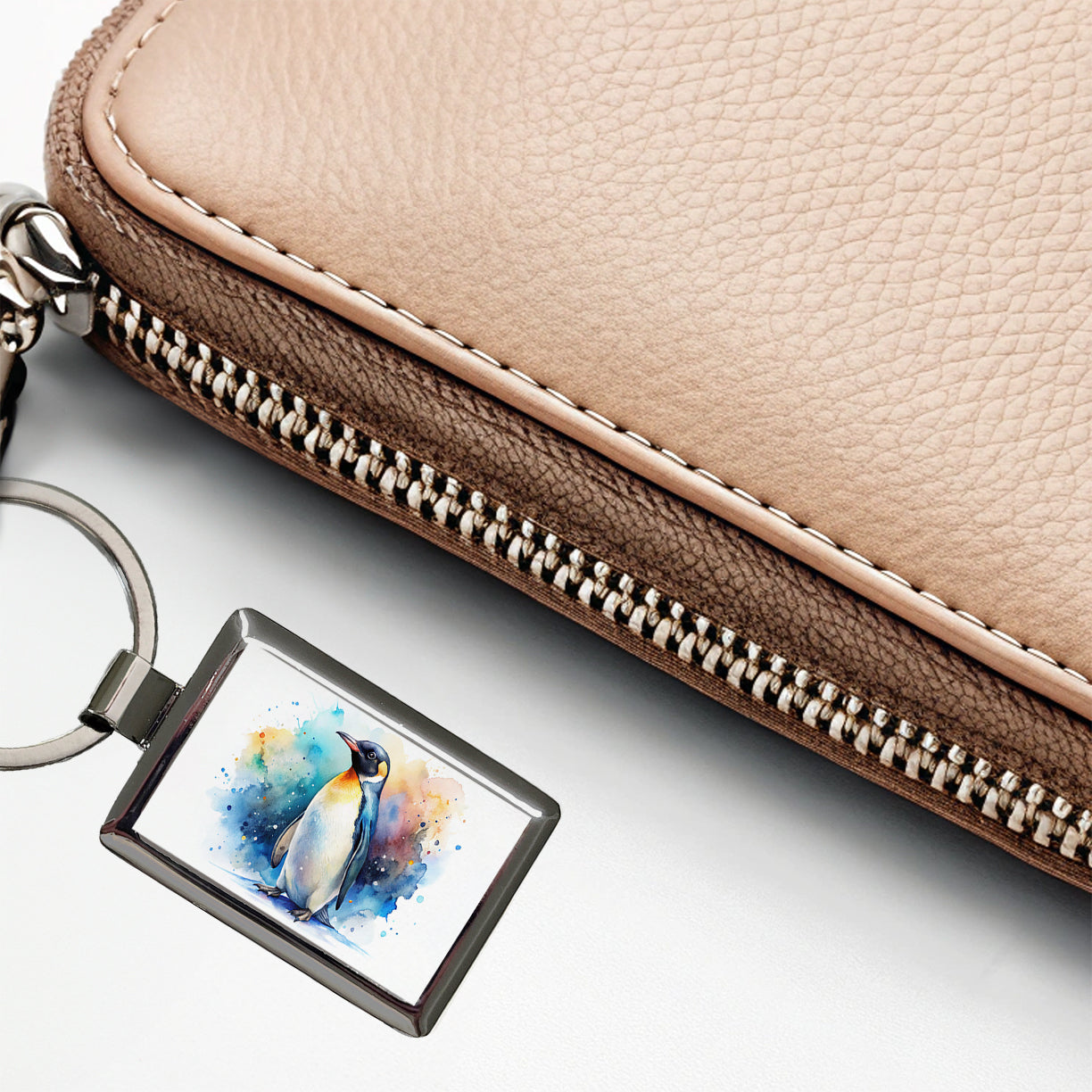 Penguin Watercolor Rectangle Metal Keychain