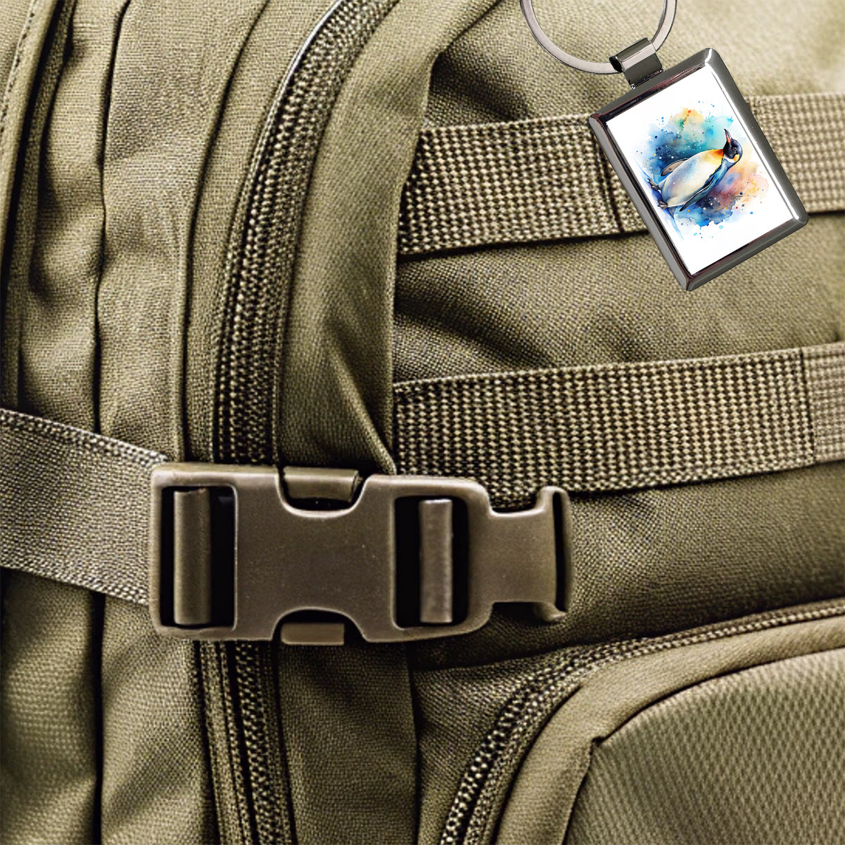 Penguin Watercolor Rectangle Metal Keychain