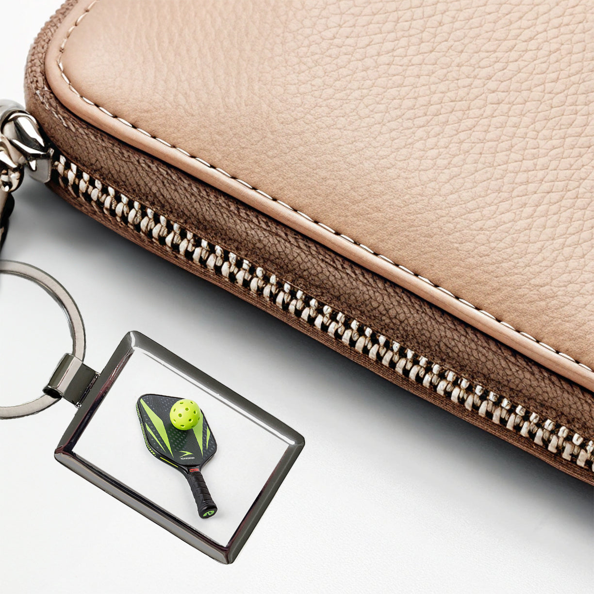 Pickleball Paddle and Ball Rectangle Metal Keychain