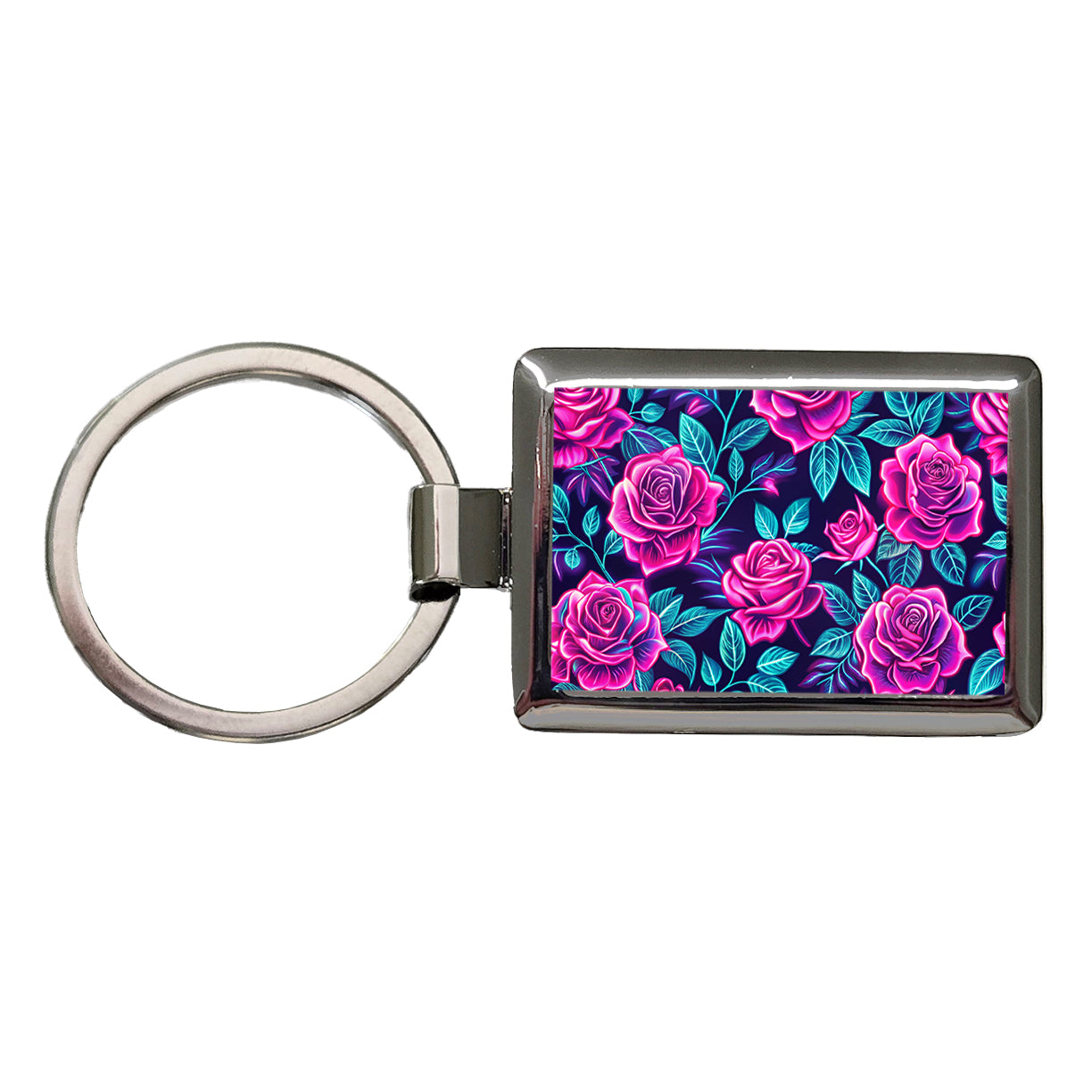 Pink Neon Rose Floral Pattern Rectangle Metal Keychain