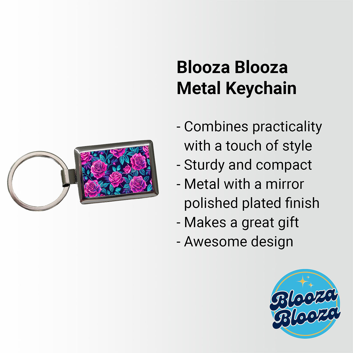 Pink Neon Rose Floral Pattern Rectangle Metal Keychain