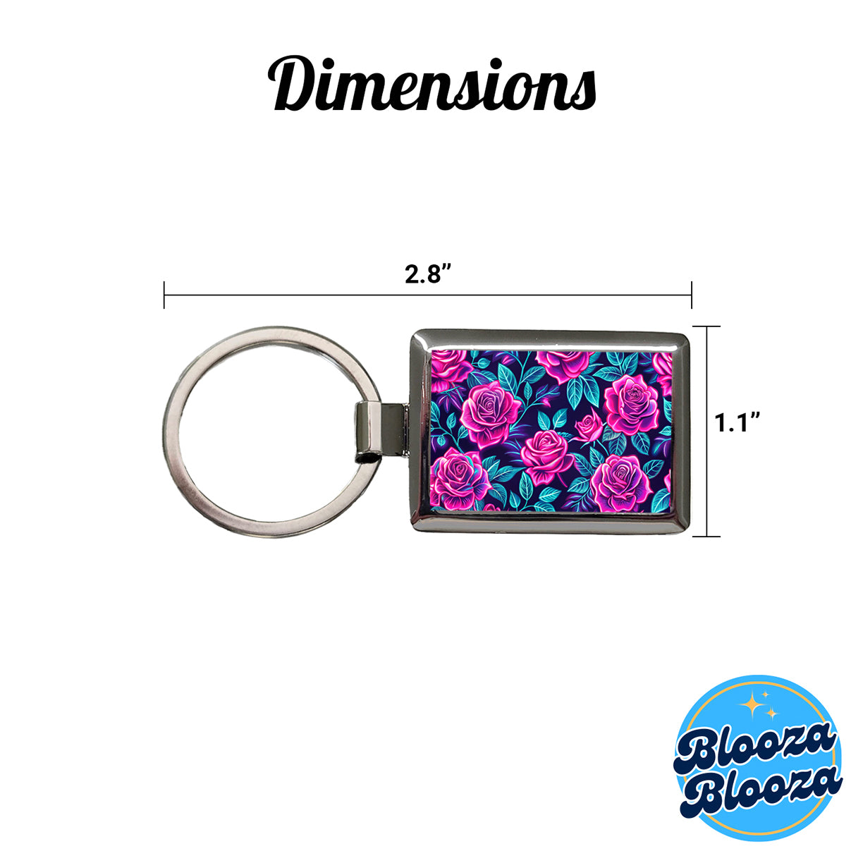 Pink Neon Rose Floral Pattern Rectangle Metal Keychain
