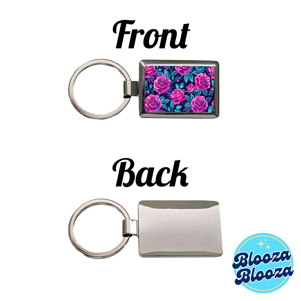 Pink Neon Rose Floral Pattern Rectangle Metal Keychain