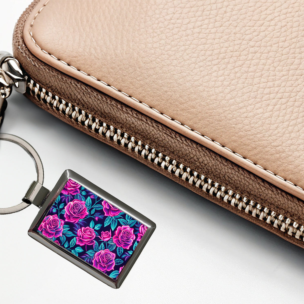 Pink Neon Rose Floral Pattern Rectangle Metal Keychain
