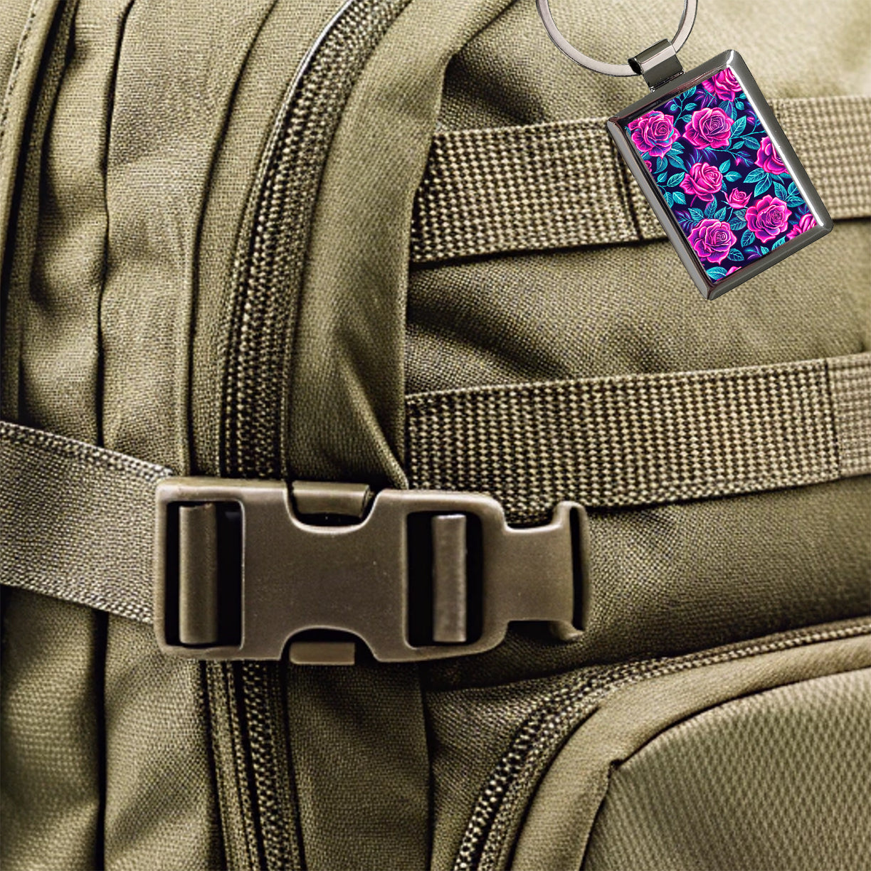 Pink Neon Rose Floral Pattern Rectangle Metal Keychain