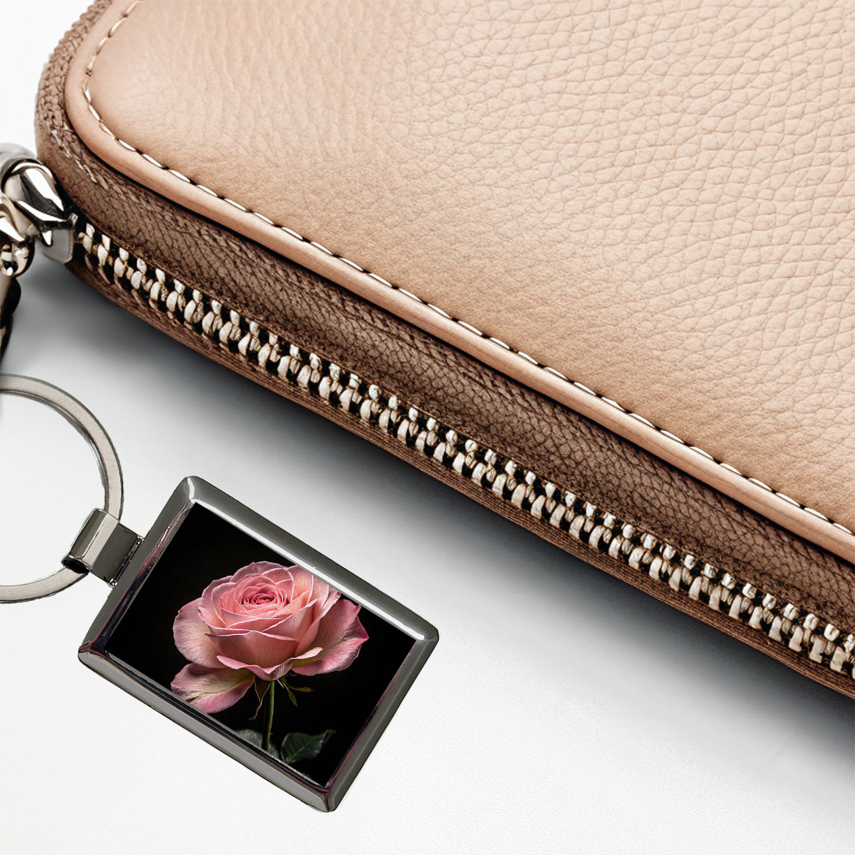 Pink Rose Rectangle Metal Keychain