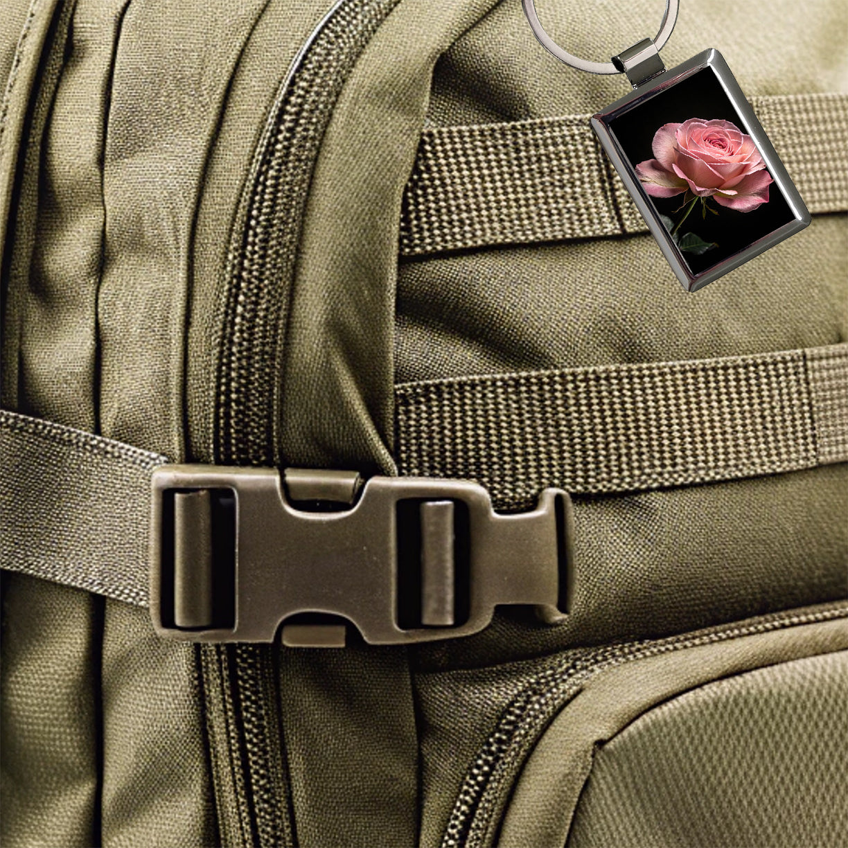 Pink Rose Rectangle Metal Keychain