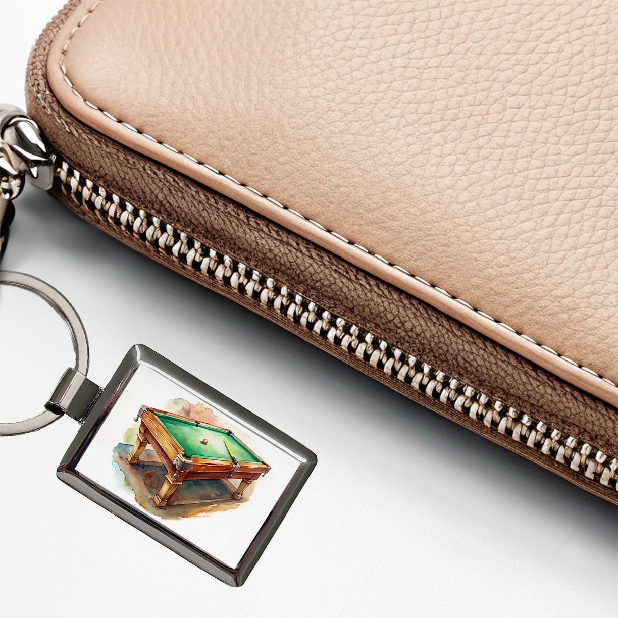 Pool Billiards Table Watercolor Rectangle Metal Keychain