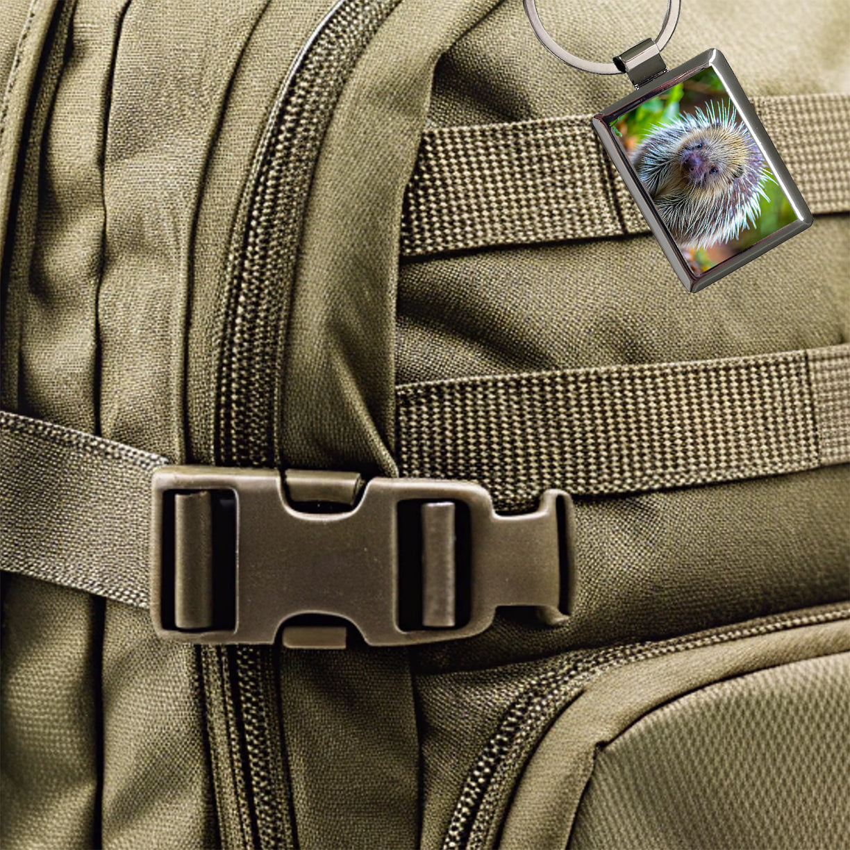 Porcupine Rectangle Metal Keychain