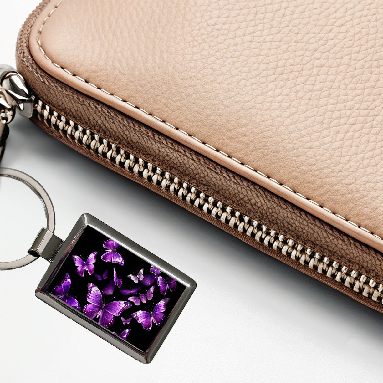 Purple Butterflies Flying Rectangle Metal Keychain