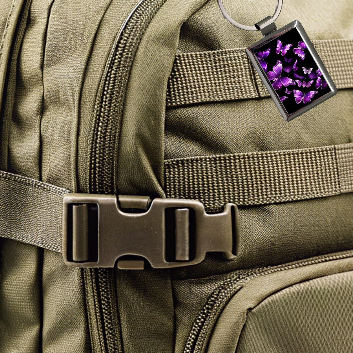 Purple Butterflies Flying Rectangle Metal Keychain