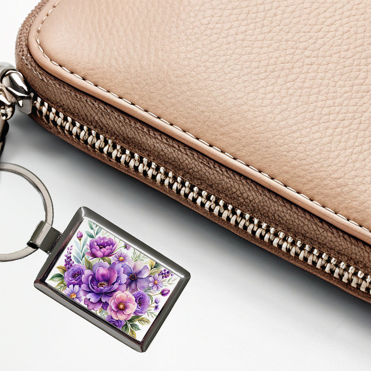 Purple Watercolor Flowers Rectangle Metal Keychain