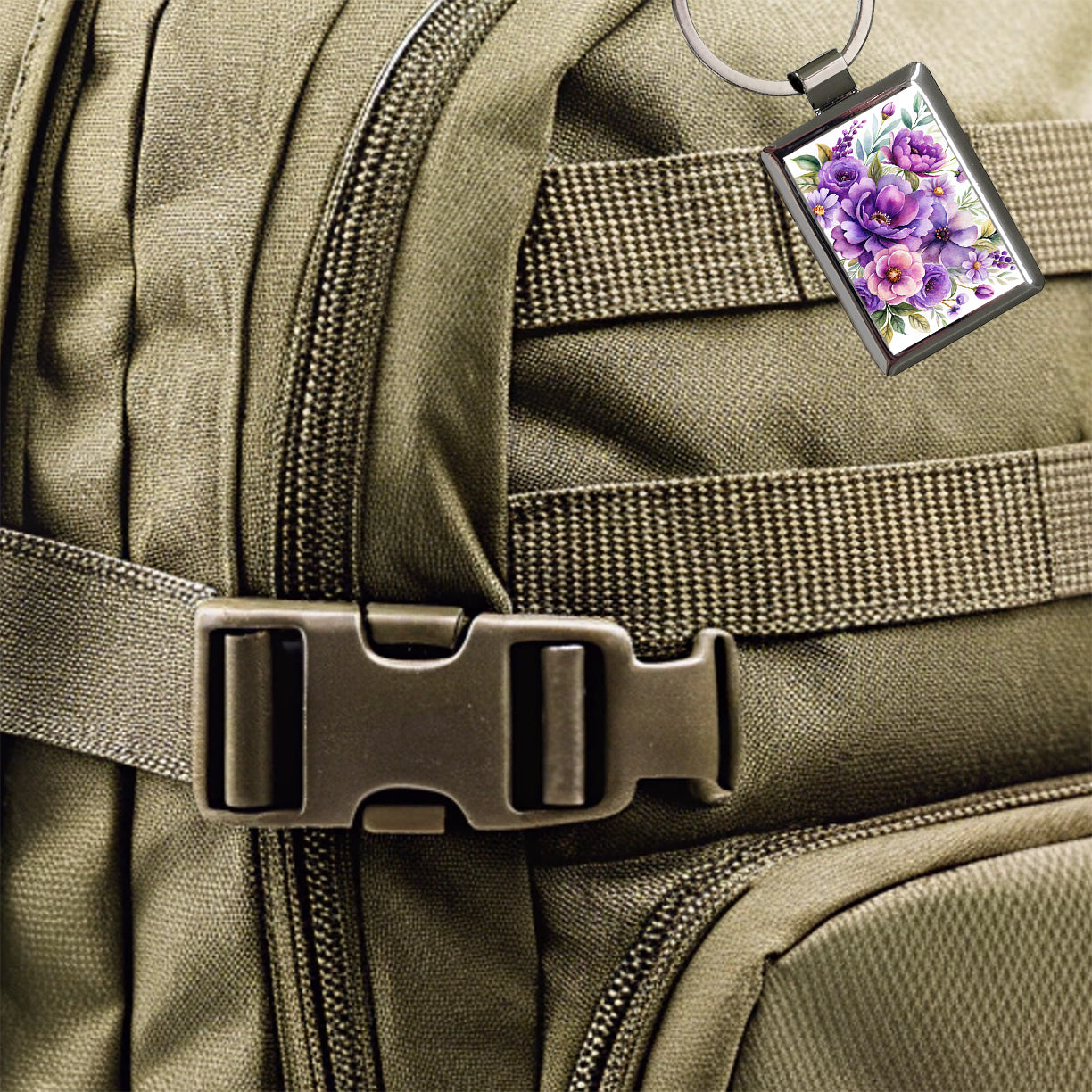 Purple Watercolor Flowers Rectangle Metal Keychain