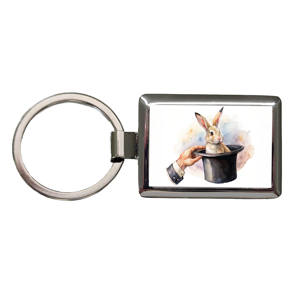 Rabbit Being Pulled Out Of A Magician's Hat Rectangle Metal Keychain