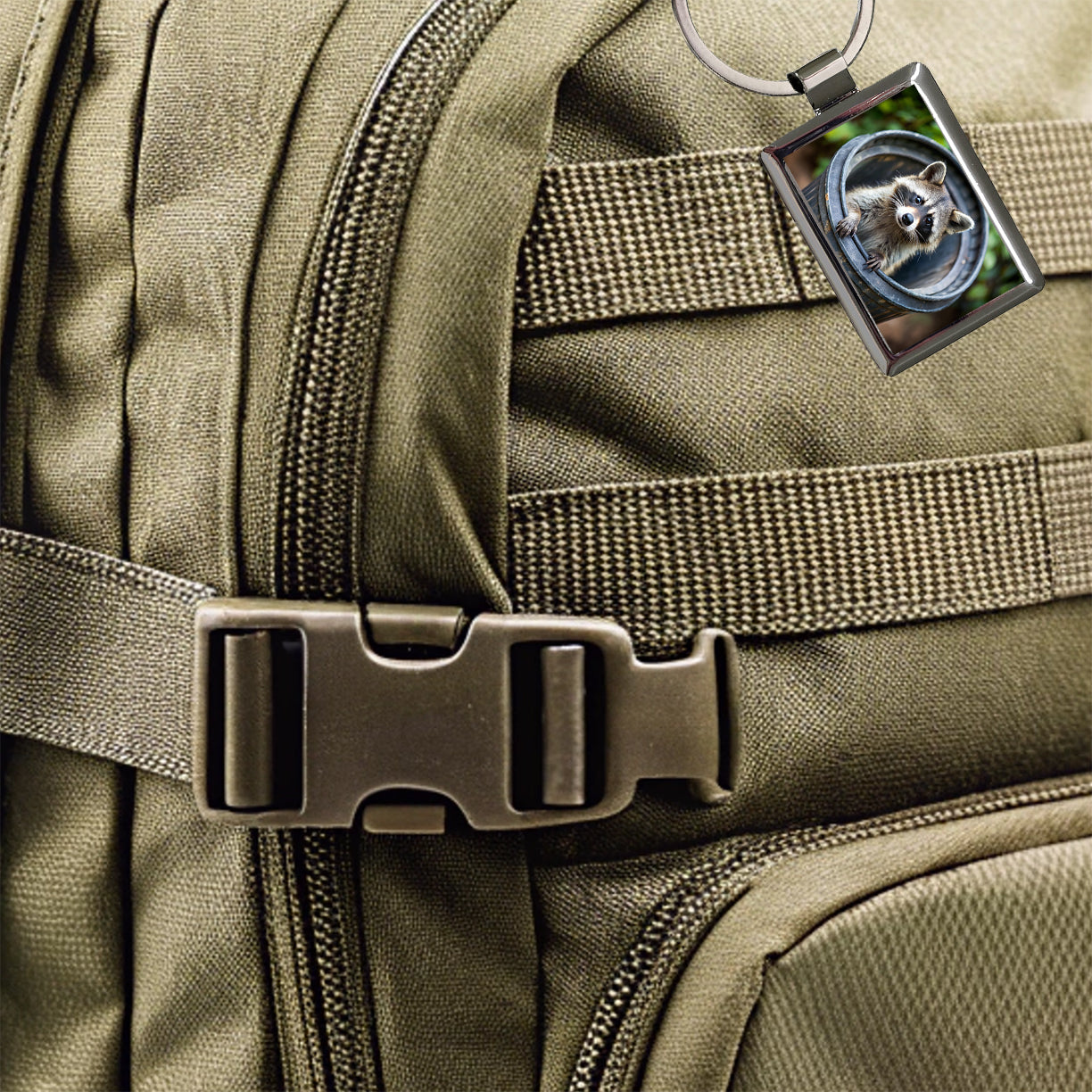 Raccoon In Barrel Trash Panda Rectangle Metal Keychain