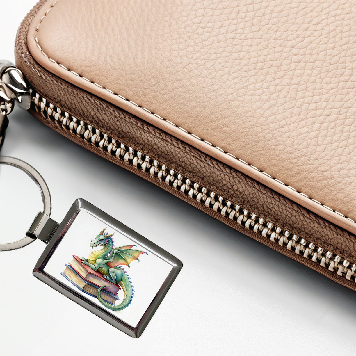Reading Dragon Laying On Top Books Watercolor Rectangle Metal Keychain