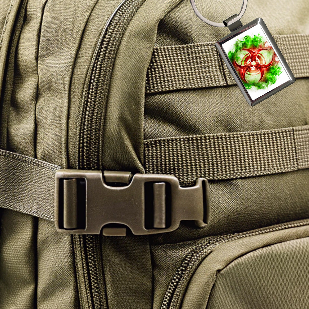 Red Zombie Outbreak Symbol With Green Toxic Gas Rectangle Metal Keychain