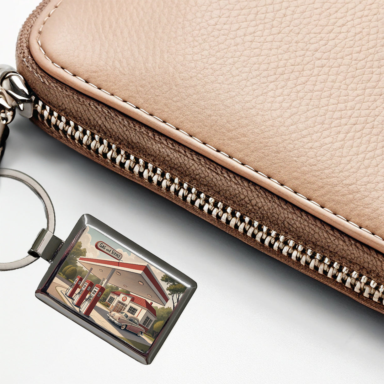 Retro Americana 1950's Gas Station Convenience Store Rectangle Metal Keychain
