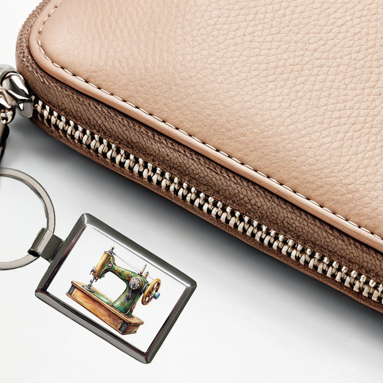 Retro Classic Sewing Machine Watercolor Rectangle Metal Keychain
