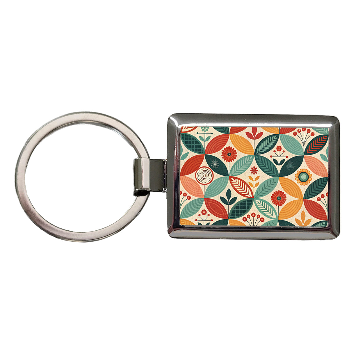 Retro Mid-Century Leaf Pattern Rectangle Metal Keychain