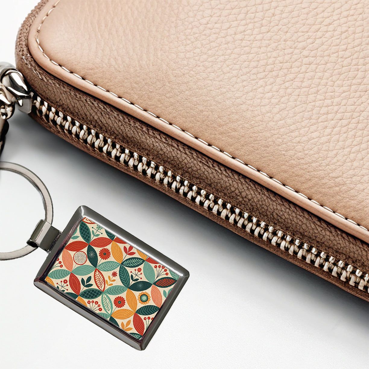 Retro Mid-Century Leaf Pattern Rectangle Metal Keychain