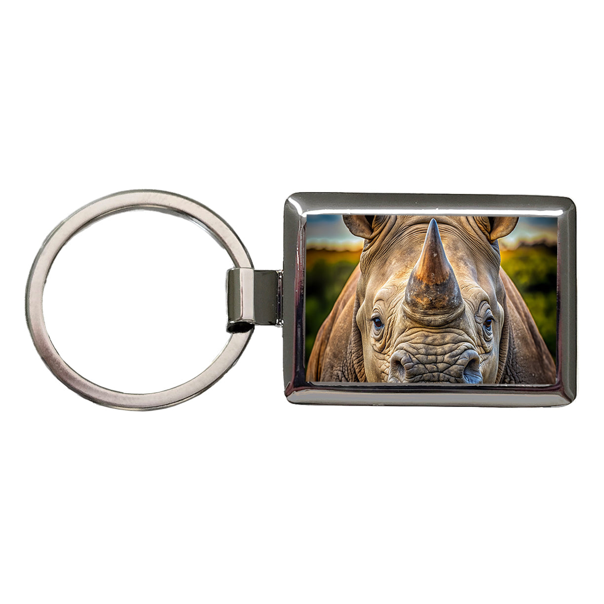 Rhinoceros Face Rectangle Metal Keychain
