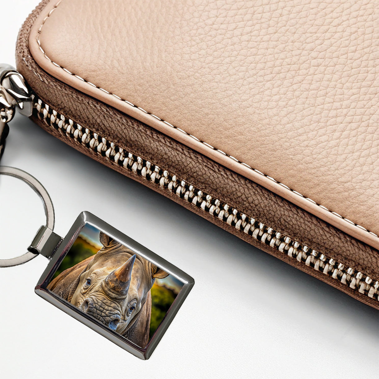Rhinoceros Face Rectangle Metal Keychain