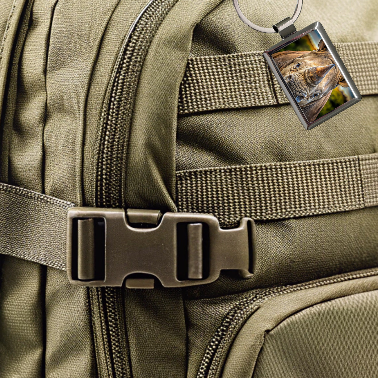 Rhinoceros Face Rectangle Metal Keychain