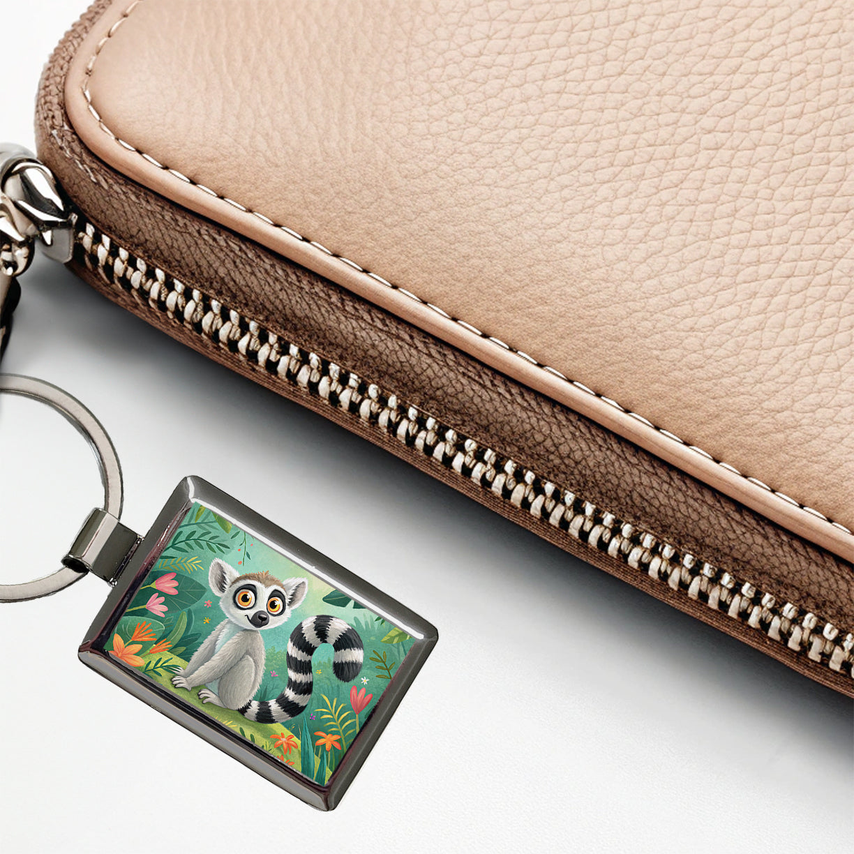 Ring-Tailed Lemur Children's Illustration Style Rectangle Metal Keychain