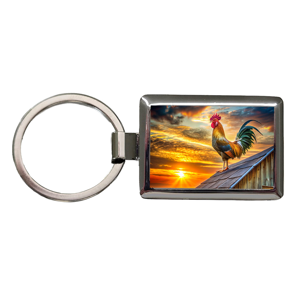 Rooster on Barn Roof At Sunrise Rectangle Metal Keychain