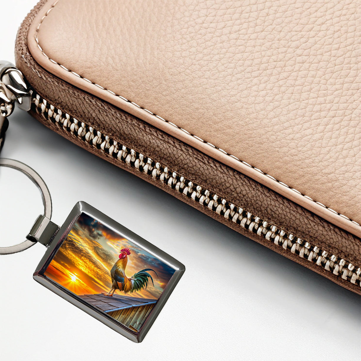 Rooster on Barn Roof At Sunrise Rectangle Metal Keychain