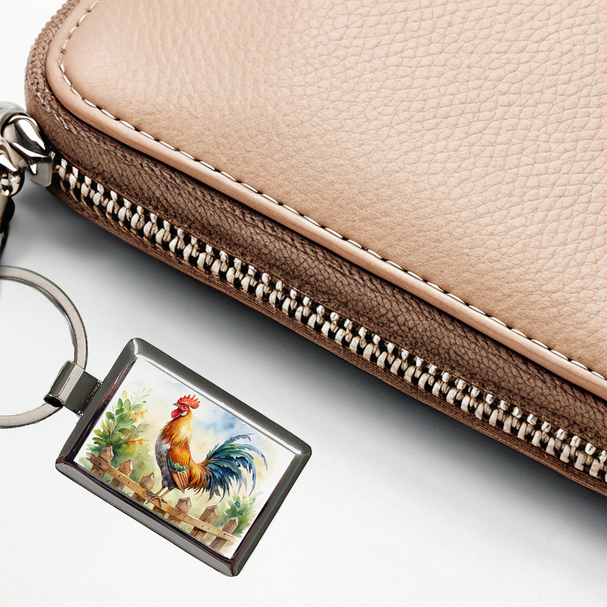 Rooster On Fence Watercolor Rectangle Metal Keychain