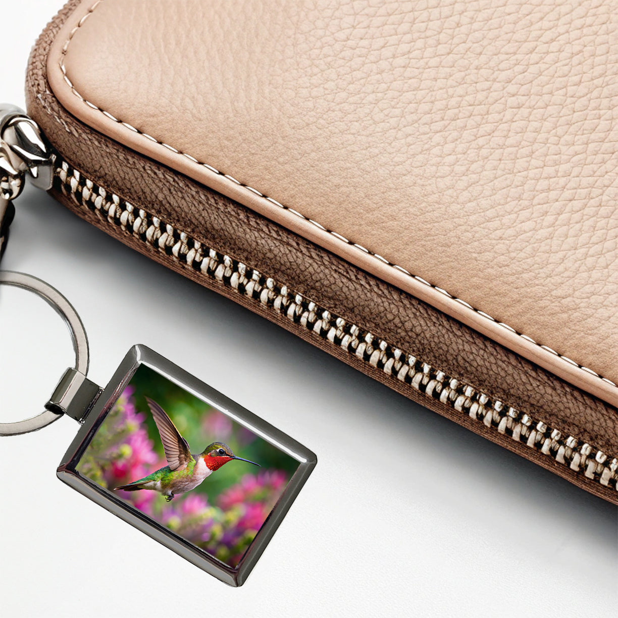 Ruby Throated Hummingbird Flying Backyard Bird Rectangle Metal Keychain