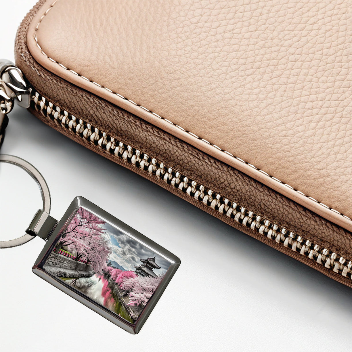 Sakura Trees Along River Japanese Scene Rectangle Metal Keychain