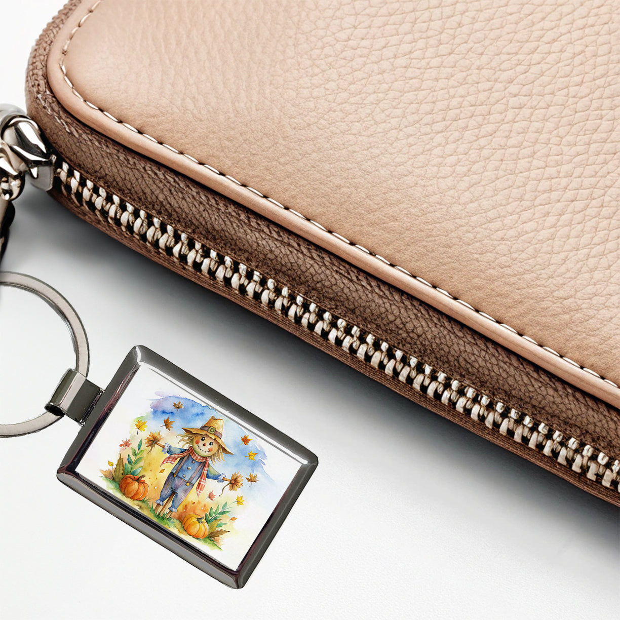 Scarecrow and Pumpkins Fall Watercolor Rectangle Metal Keychain