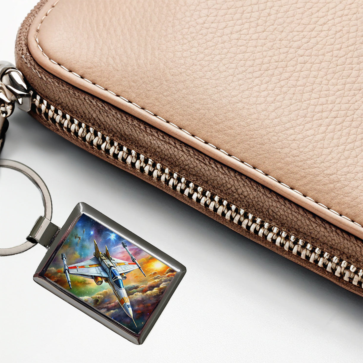 Sci-fi Starfighter Spaceship on Patrol Rectangle Metal Keychain