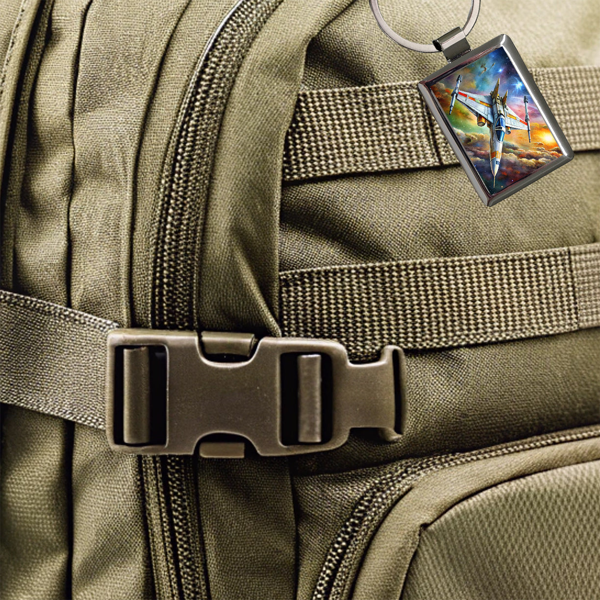 Sci-fi Starfighter Spaceship on Patrol Rectangle Metal Keychain