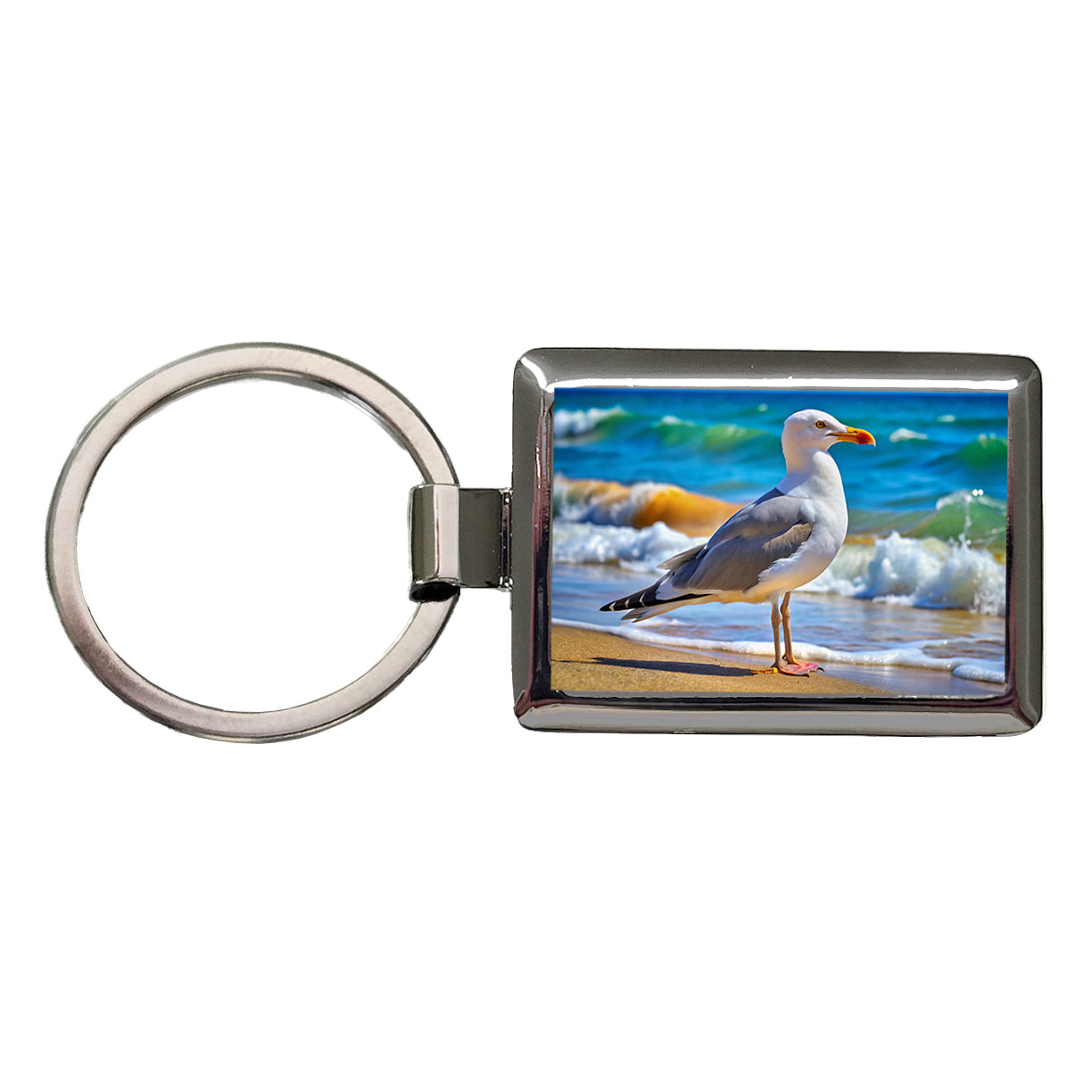 Seagull On Beach Rectangle Metal Keychain