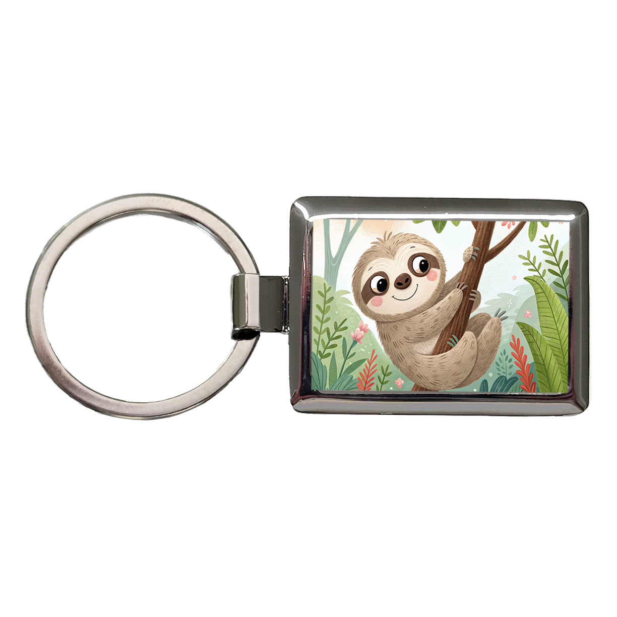 Sloth on Tree Children's Illustration Style Rectangle Metal Keychain