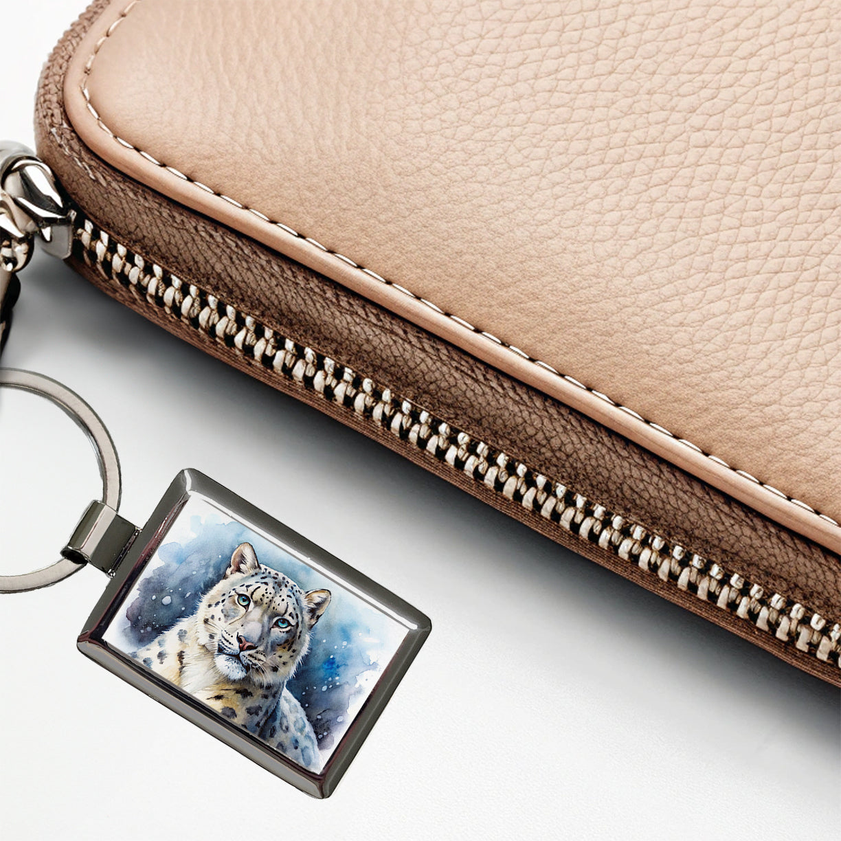 Snow Leopard Watercolor Rectangle Metal Keychain